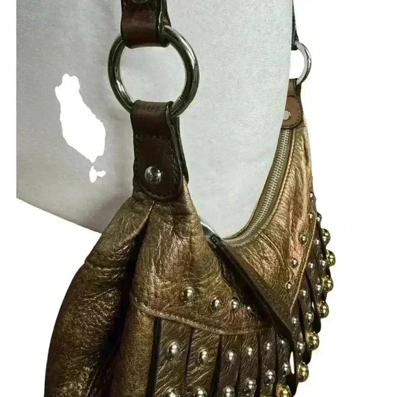 B Macowski Copper Pebble Leather Fringe Studded adjustable Crossbody Boho Bag - Picture 9 of 13